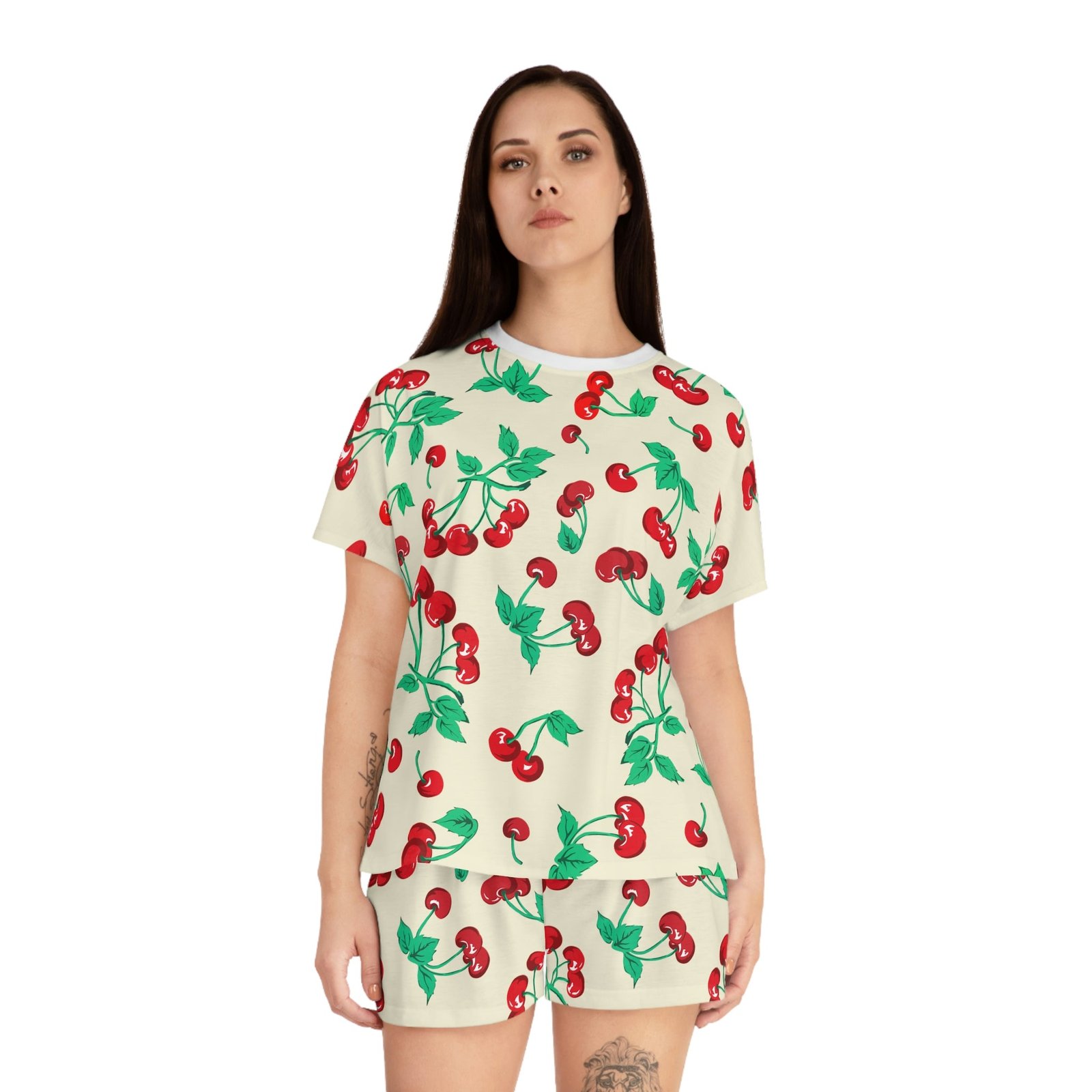TGIF Sleepover PJs in Antique Ivory Cherry Girl Tee & Pajama Shorts-Set