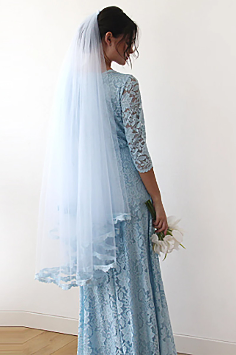 Lace Trim Tulle Veil in Light Blue