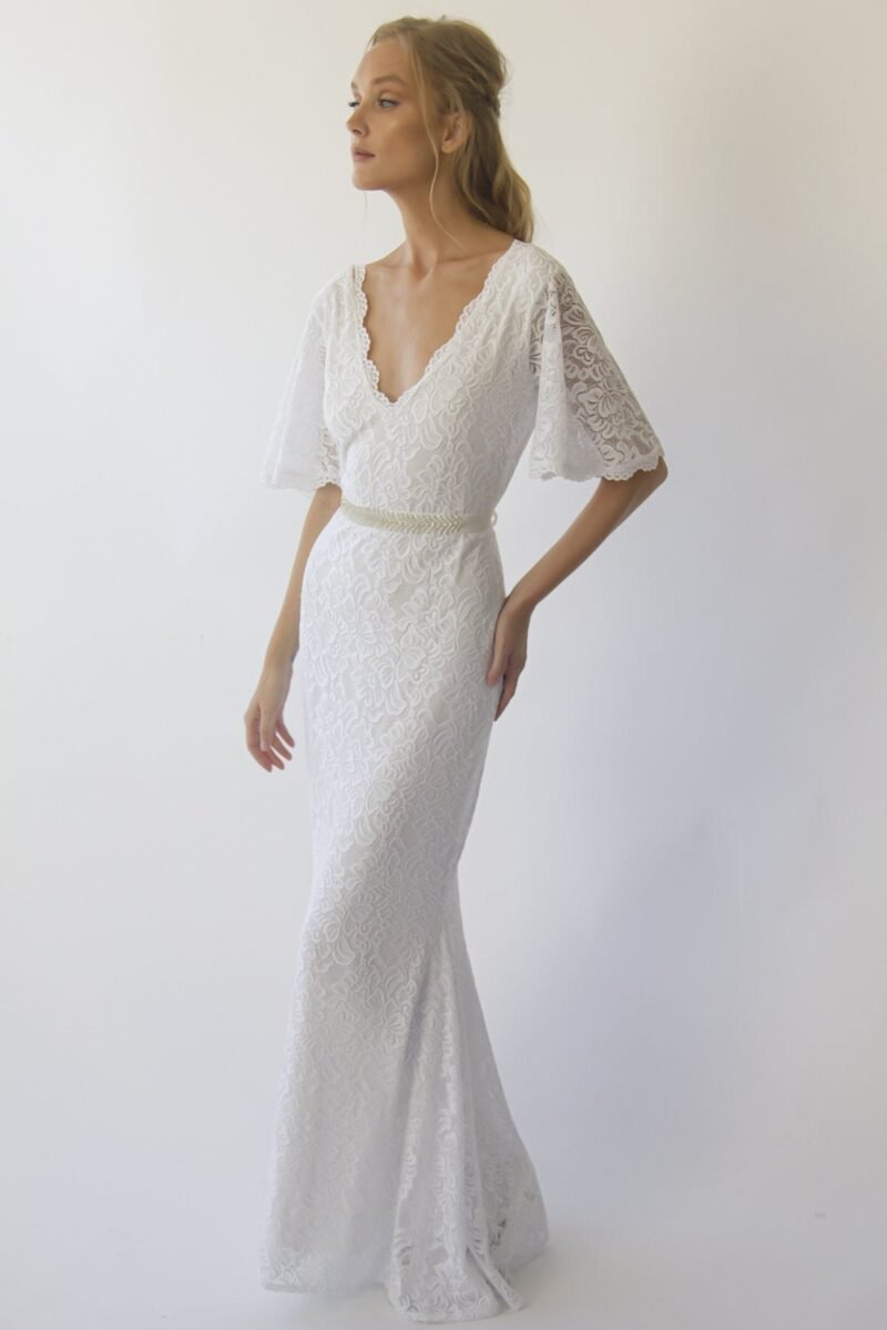 Delphine Butterfly Sleeve Lace Sheath Gown in Ivory