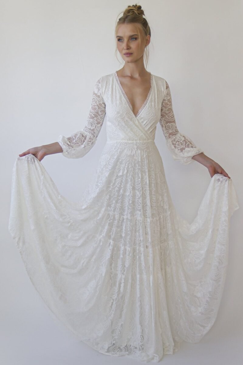 Juniper Fringed Lace Wrap Gown in Ivory