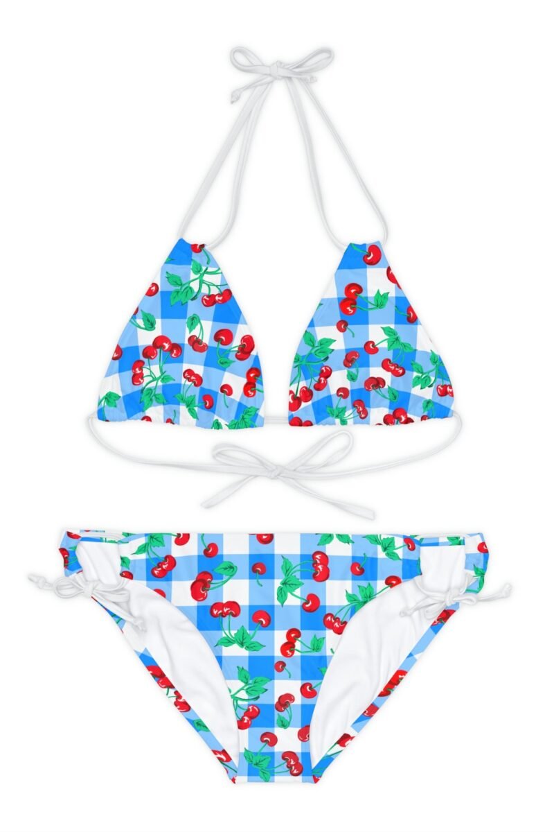90s Vintage Inspired Blue Gingham Cherry Print Strappy Bikini Set