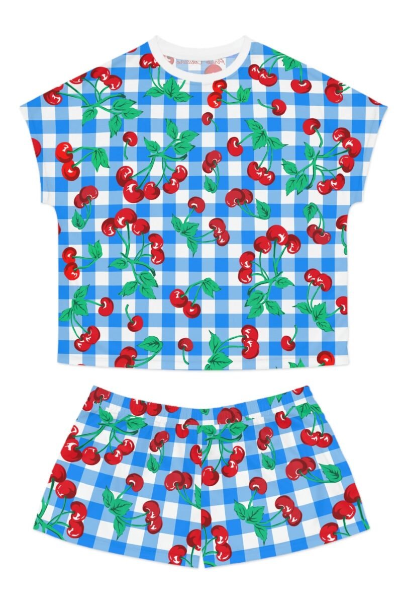 TGIF Sleepover PJs in Blue & White Gingham Cherry Girl Tee & Pajama Shorts-Set