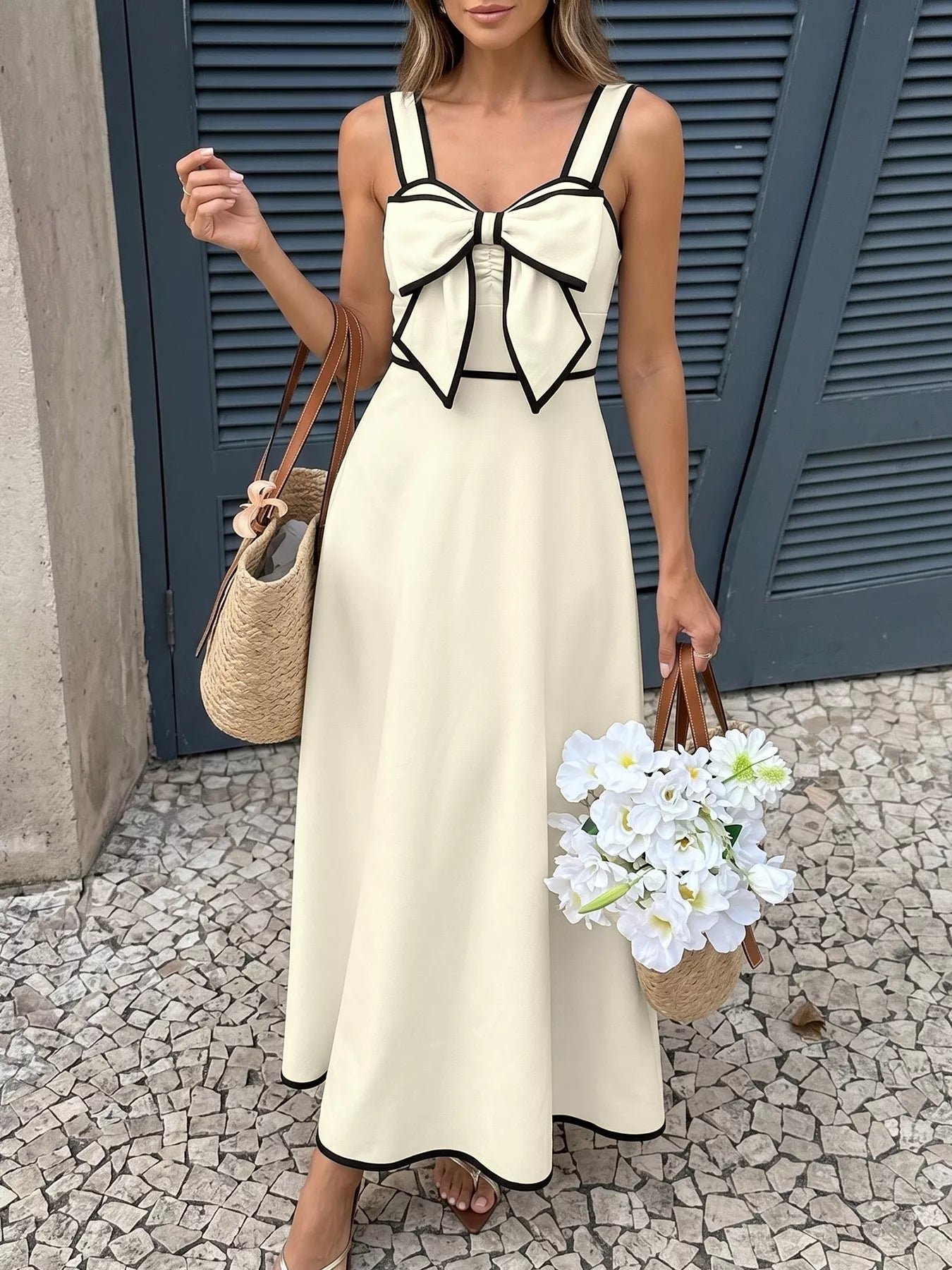 Bow-Trim A-Line Midi Dress