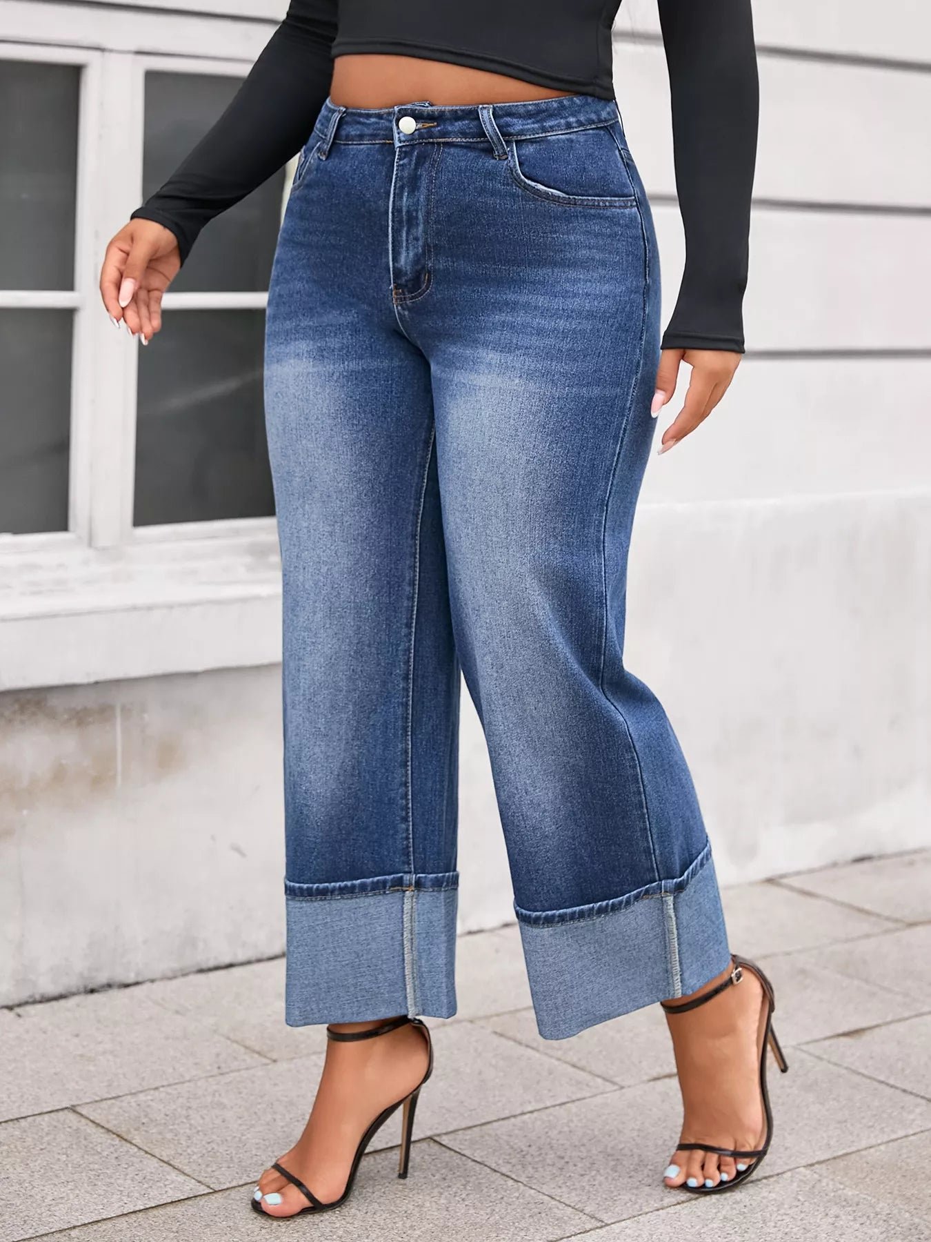 High-Rise Cuffed Wide-Leg Jeans - Plus Size
