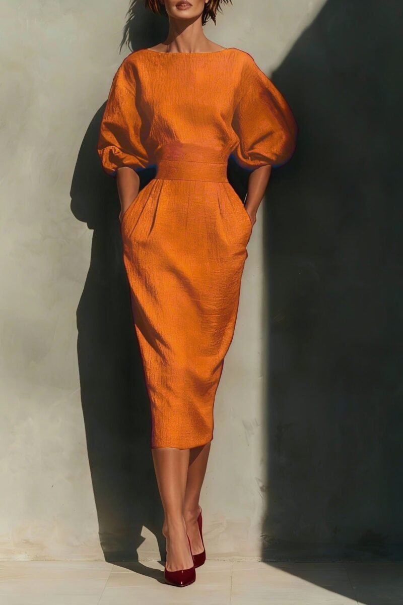 Puff-Sleeve Midi Dress with Pockets | 3 Colors