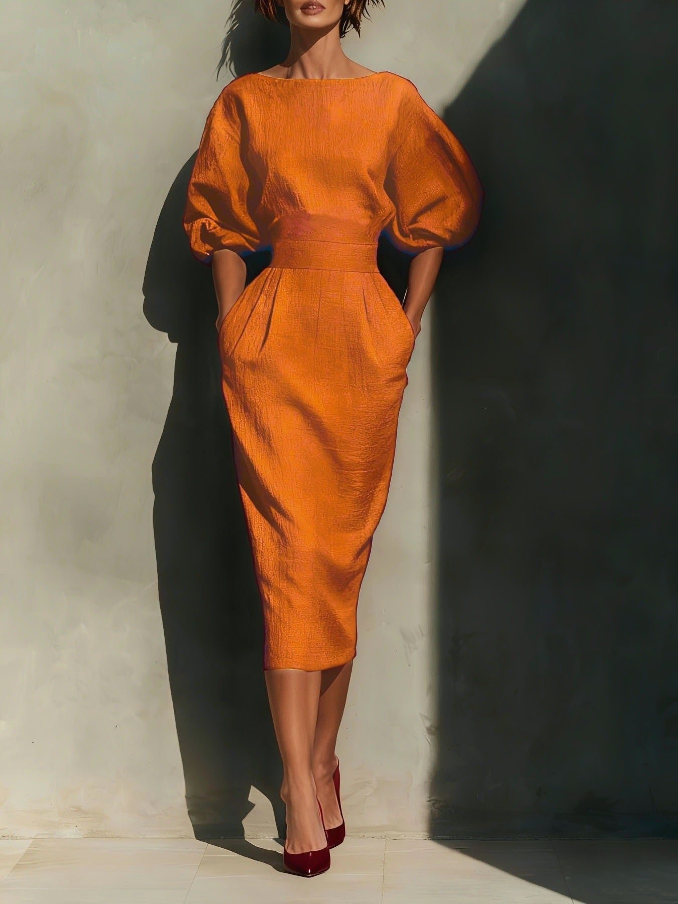 Puff-Sleeve Midi Dress with Pockets | 3 Colors