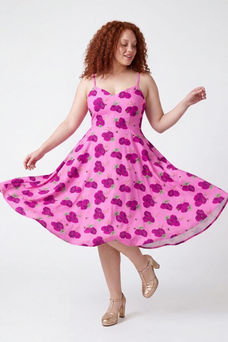 Amalie Daytime Swing Dress in Bee Floral Pink