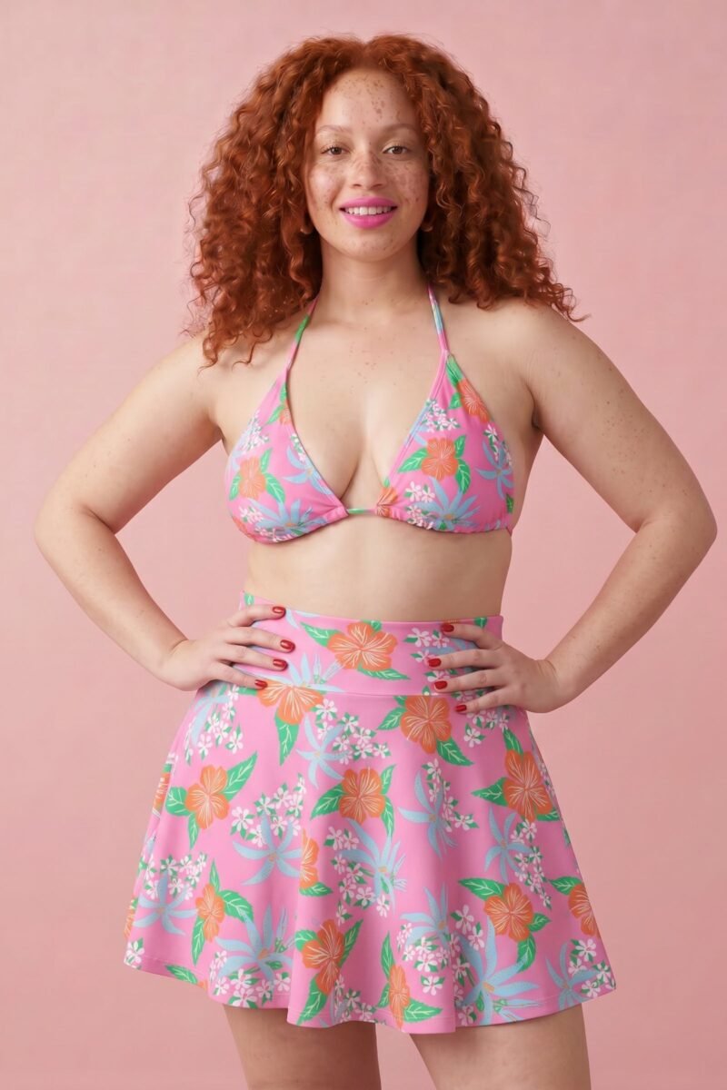 Louisa Pink Tropical Hibiscus Skater Skirt Swim Coverup