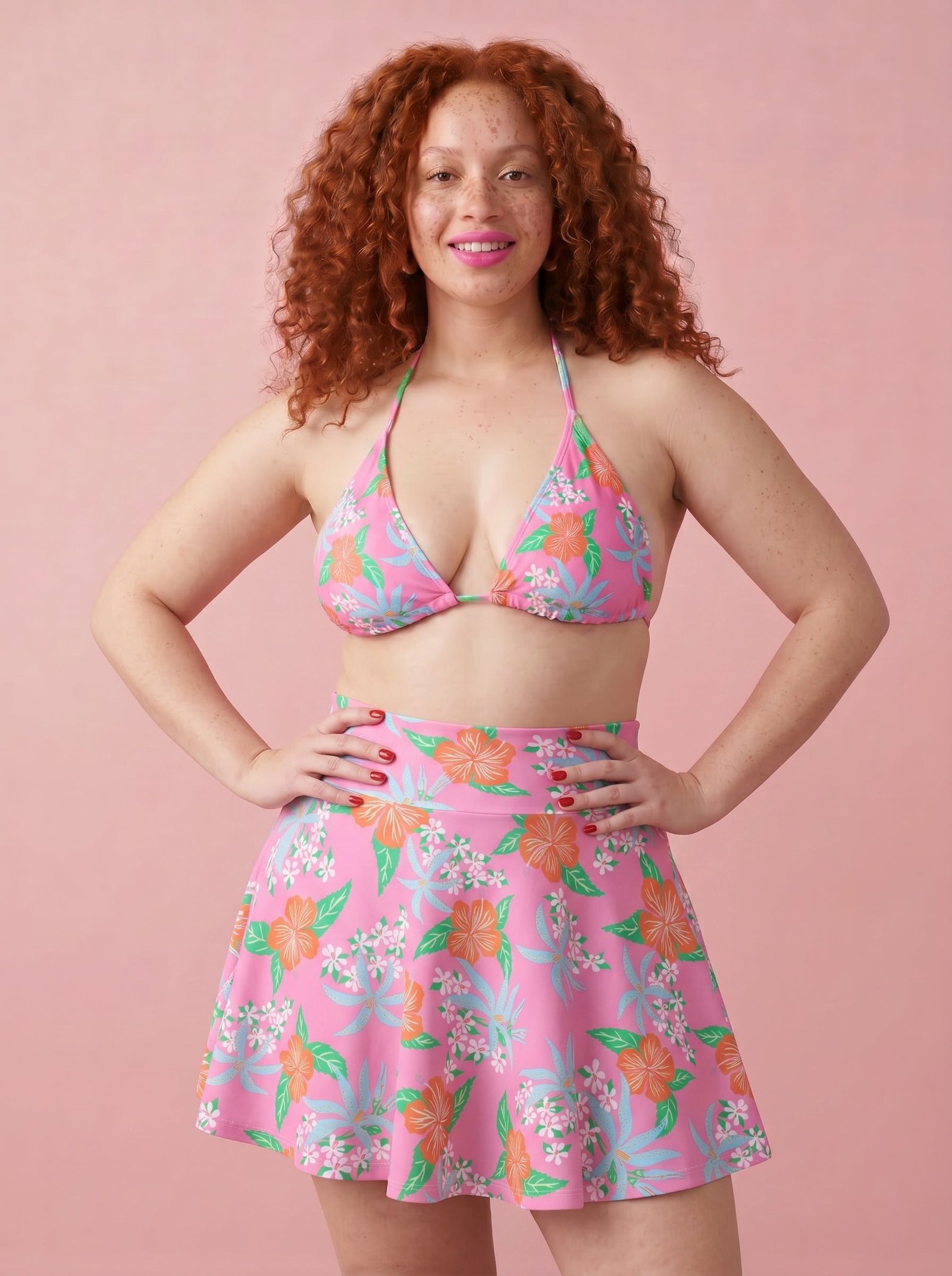 Louisa Pink Tropical Hibiscus Skater Skirt Swim Coverup