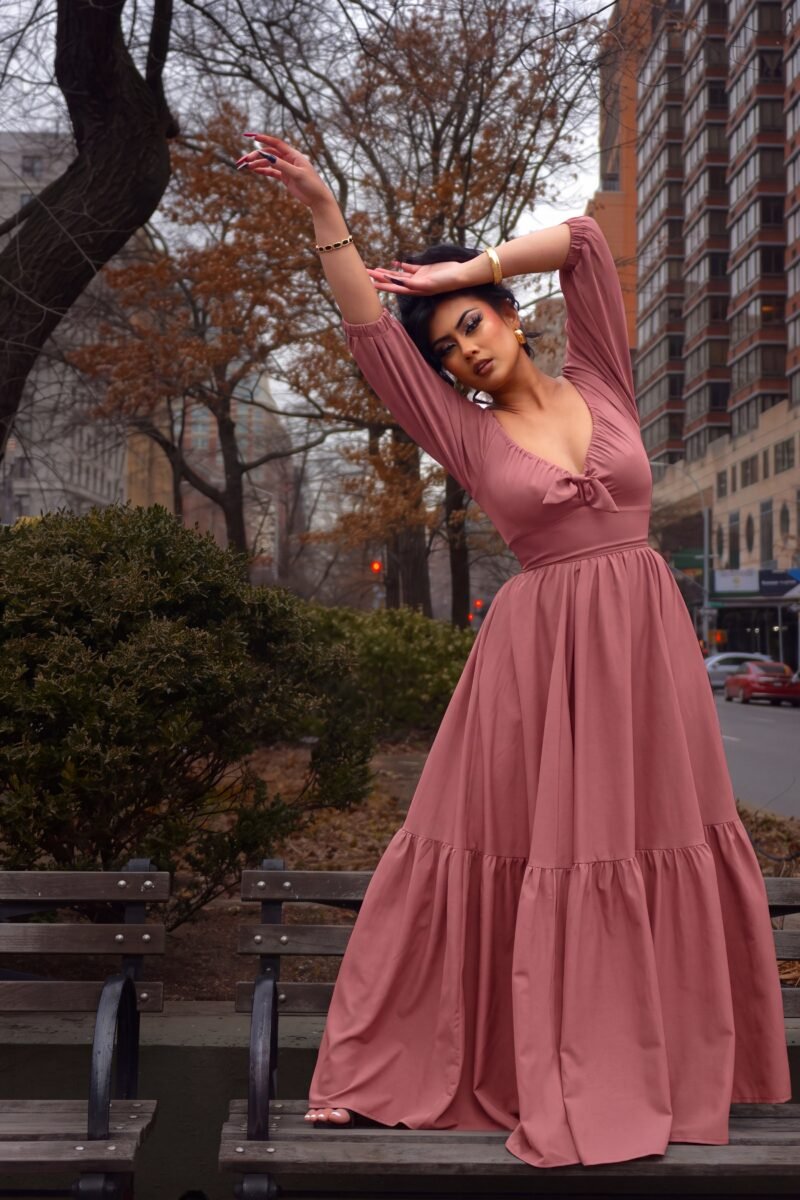 Molly Cottage 70s Maxi Gown in Mulberry Pink