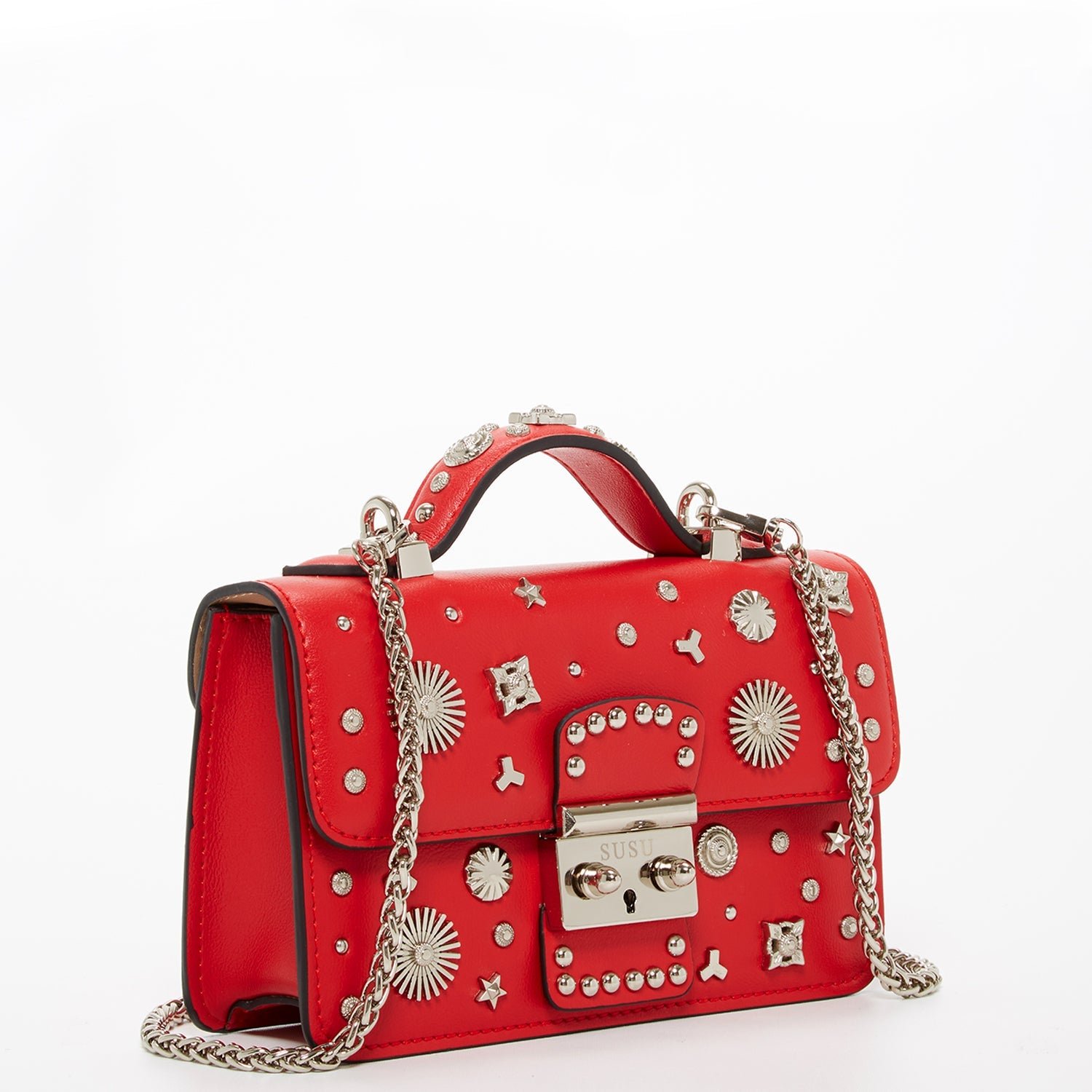 The Hollywood Studded Leather Crossbody Bag in Red