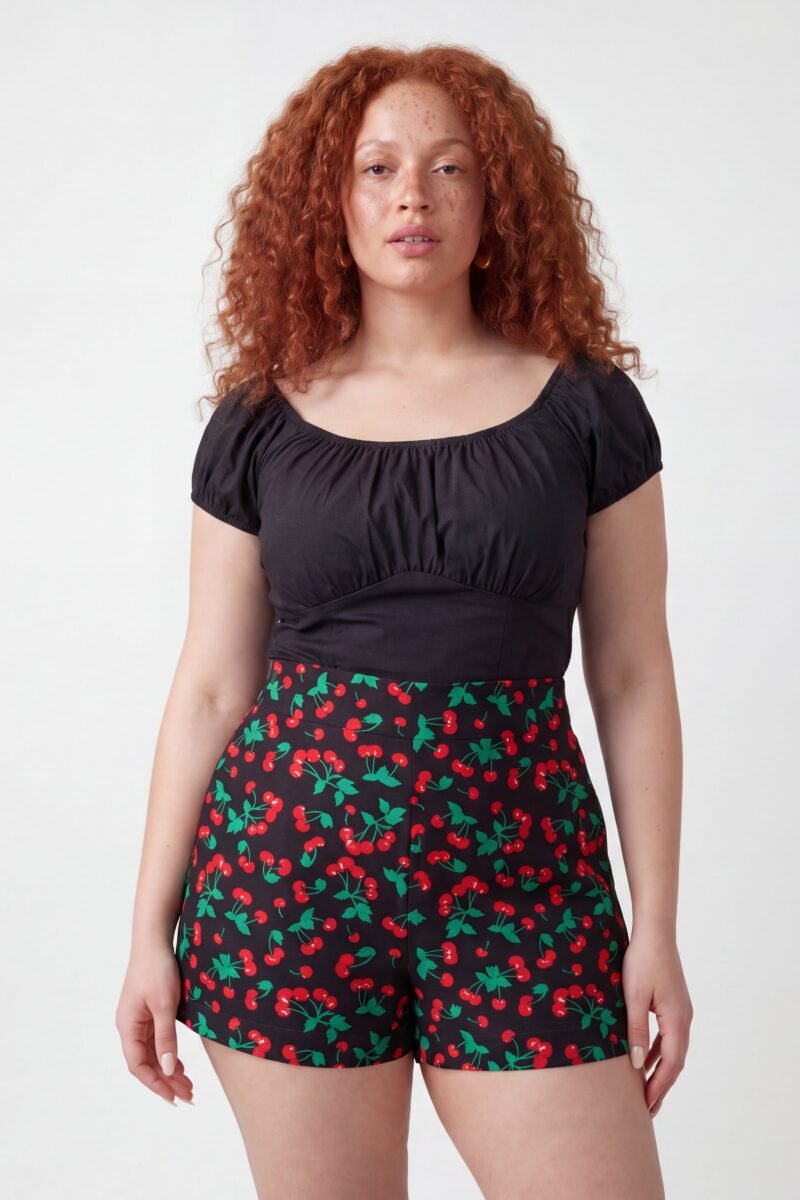 LB High-Waisted Shorts in Black Vintage Cherries